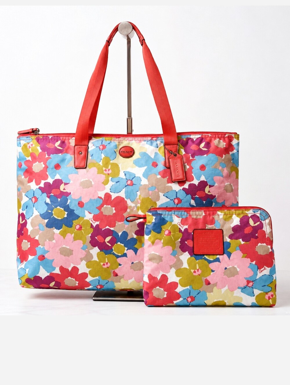 Coach Bright Multicolor Floral Daisy Weekend Nylon Tote Bag with Patent Leather